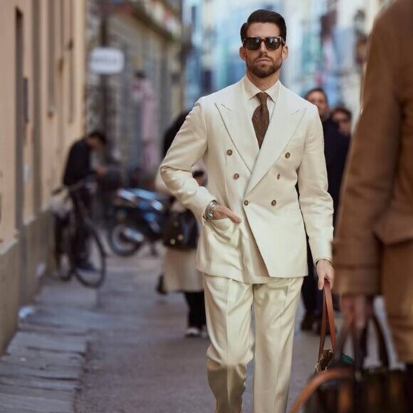 Cellini Men's Vintage Elegant Herringbone Double Breasted Luxury Suit
